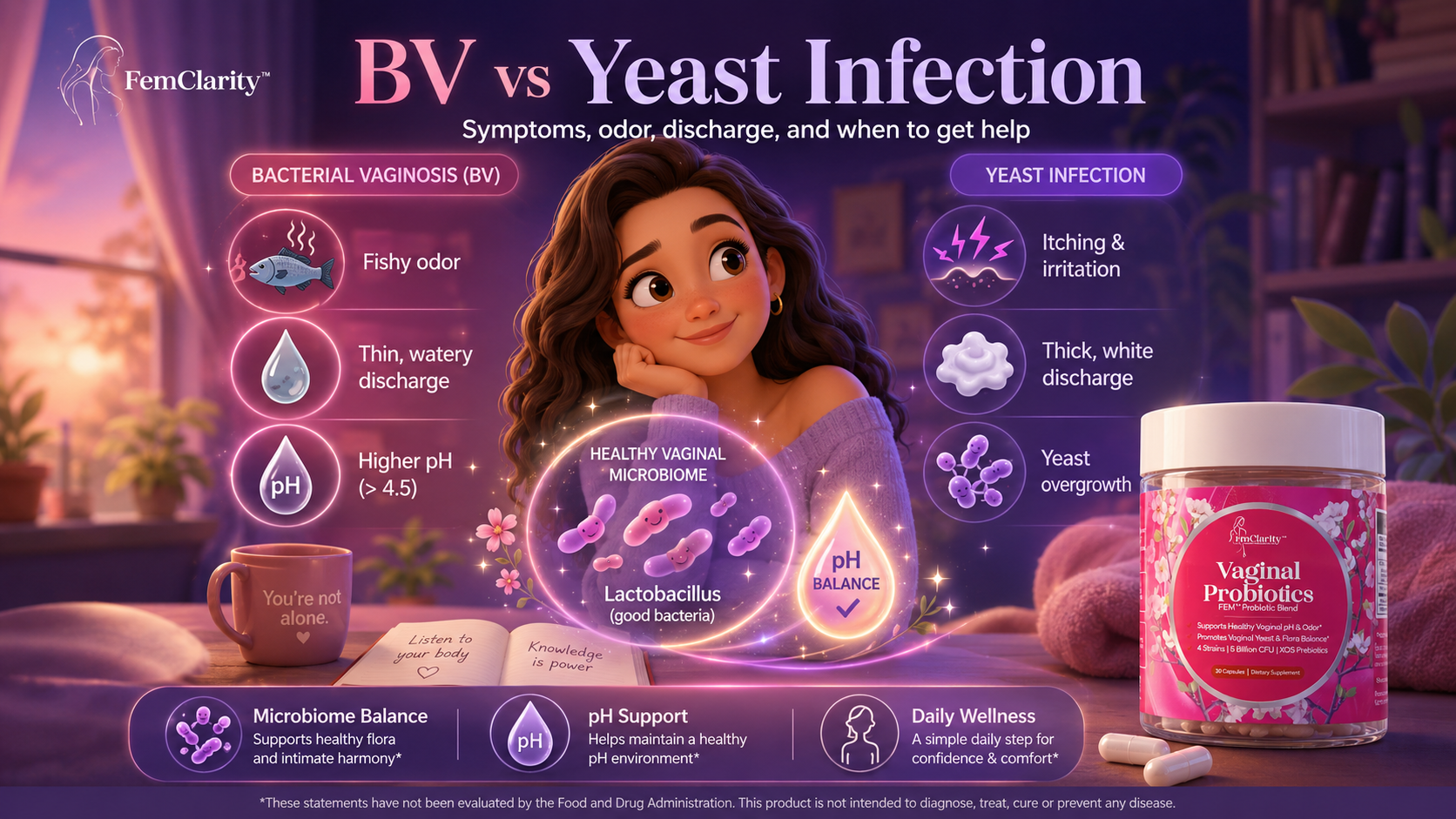 Pixar-style educational FemClarity blog hero showing BV vs yeast infection symptom differences, including odor, discharge, pH balance, itching, and when to get help.