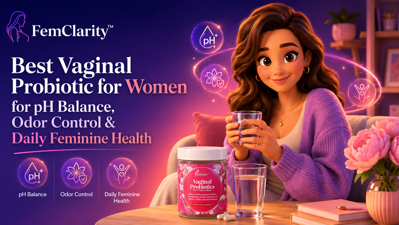 Pixar-style FemClarity blog hero image showing a woman with FemClarity Vaginal Probiotics for pH balance, odor control, and daily feminine health support.