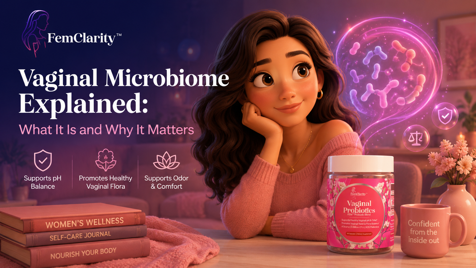 Pixar-style FemClarity blog hero image showing a woman with FemClarity Vaginal Probiotics and glowing microbiome visuals, highlighting vaginal microbiome support, healthy vaginal flora, pH balance, odor support, and everyday feminine wellness.