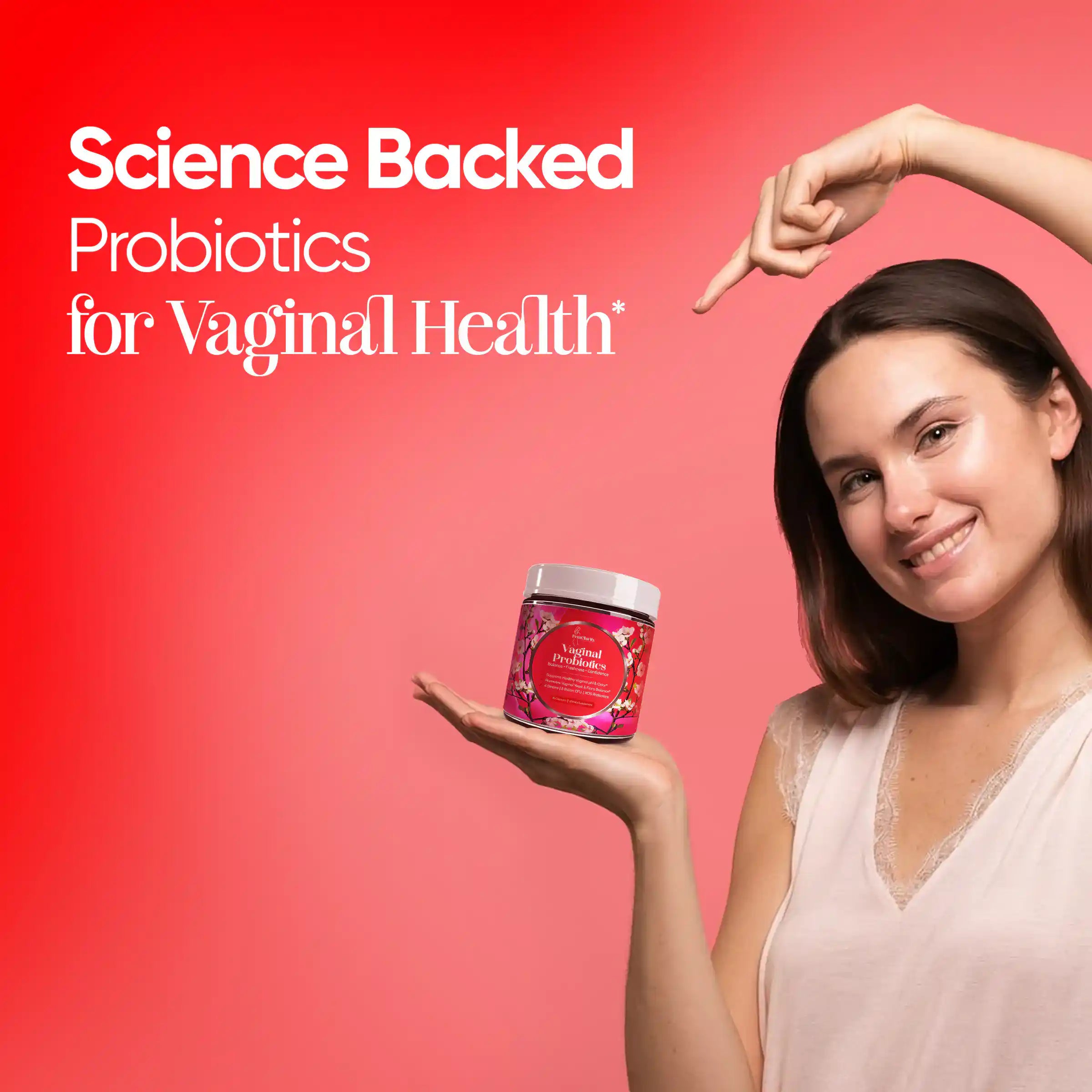 Woman holding a probiotics container with text about science-backed probiotics for vaginal health on a red background