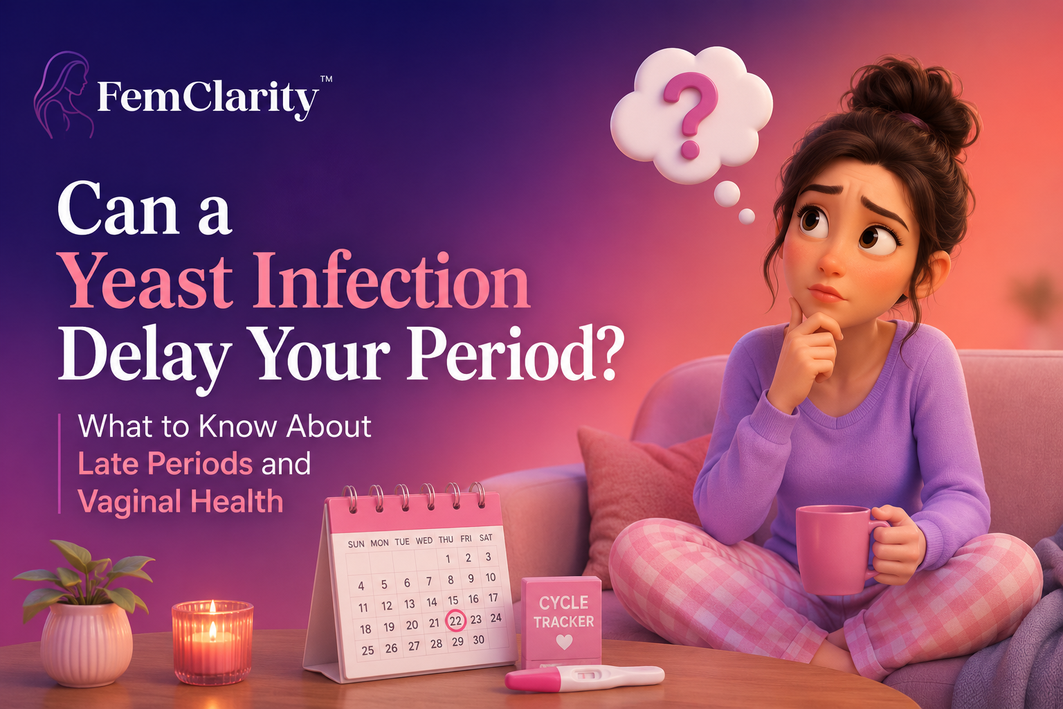 Pixar-style FemClarity blog hero image showing a woman tracking her period and wondering if a yeast infection can delay her period.