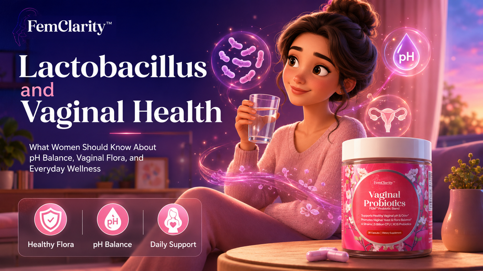 Pixar-style FemClarity hero image showing a woman with Lactobacillus bacteria, pH balance icons, vaginal flora support, and FemClarity Vaginal Probiotics.