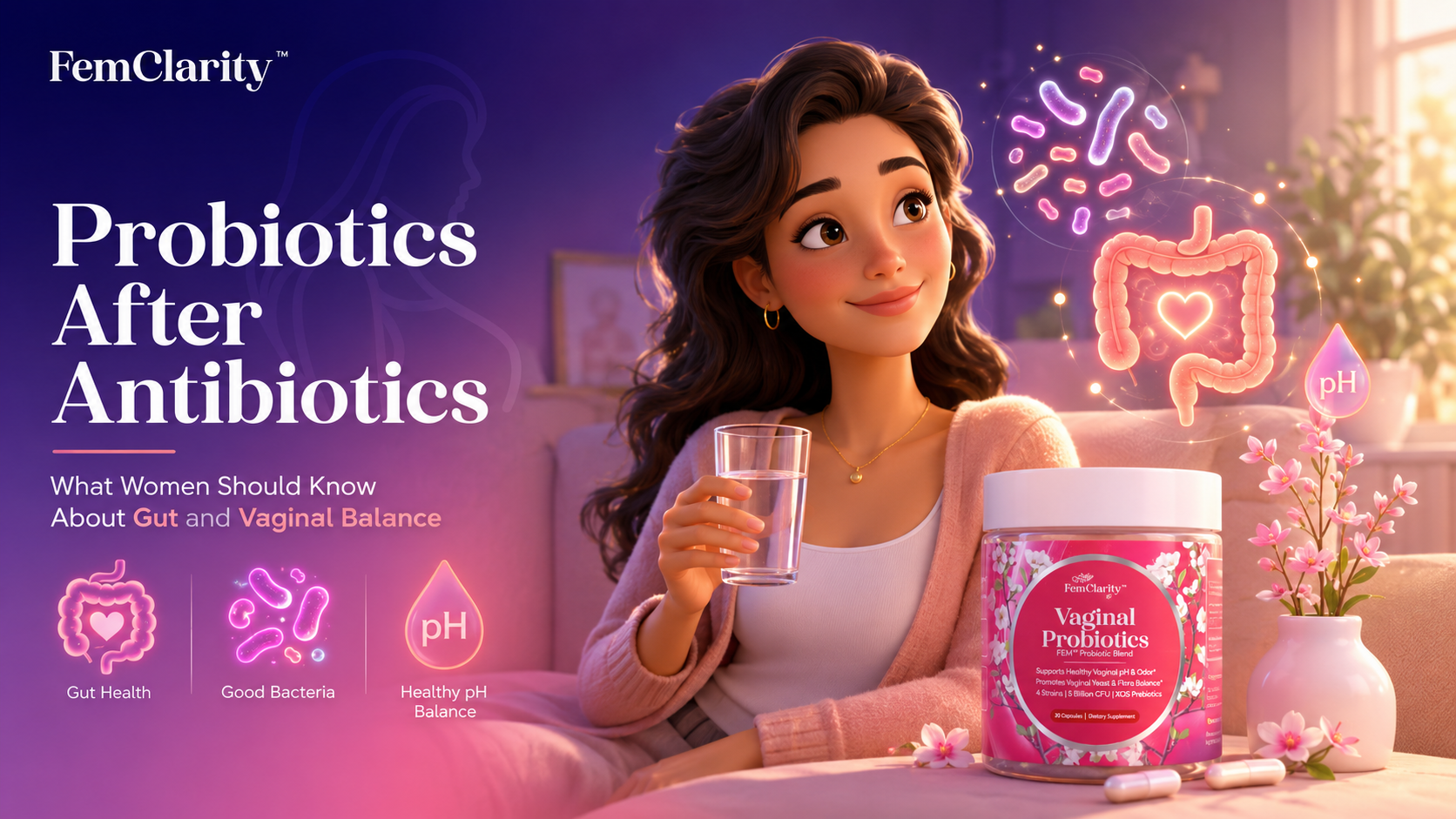 Pixar-style FemClarity blog hero showing a woman with probiotics after antibiotics, gut health icons, good bacteria, pH balance, and FemClarity Vaginal Probiotics.
