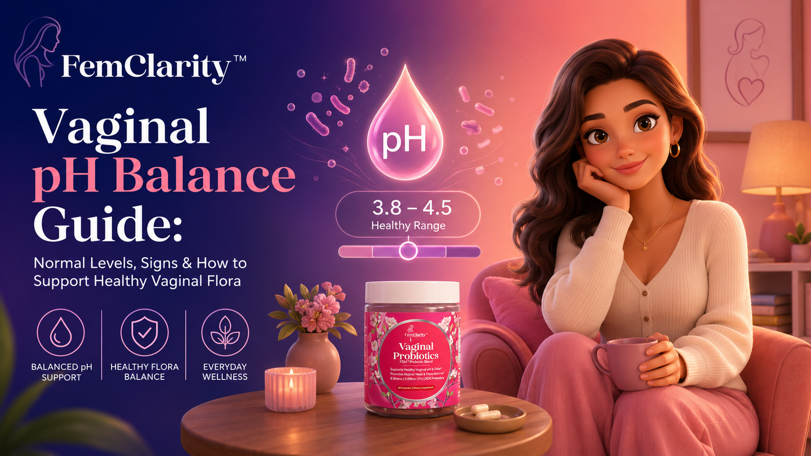 Pixar-style FemClarity blog hero image showing a woman seated in a cozy setting beside FemClarity Vaginal Probiotics, with visuals highlighting vaginal pH balance, healthy vaginal flora, and everyday feminine wellness.