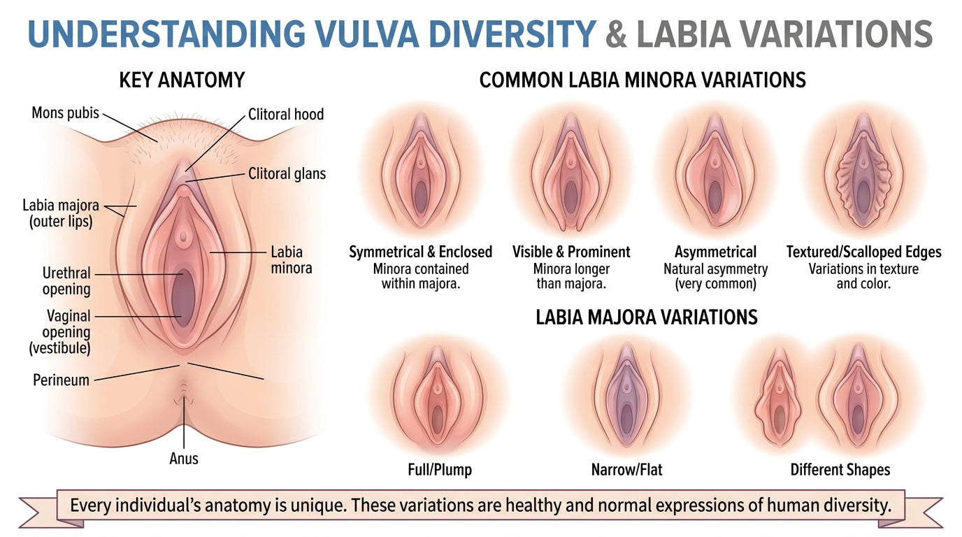  Educational anatomical illustration of vulva diversity and labia variations 