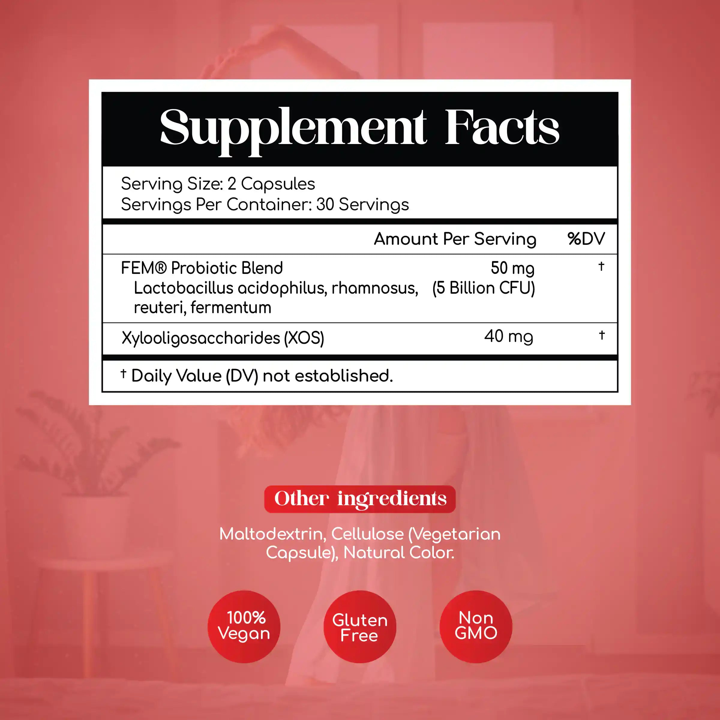 Supplement facts label with a blurred background of a room.