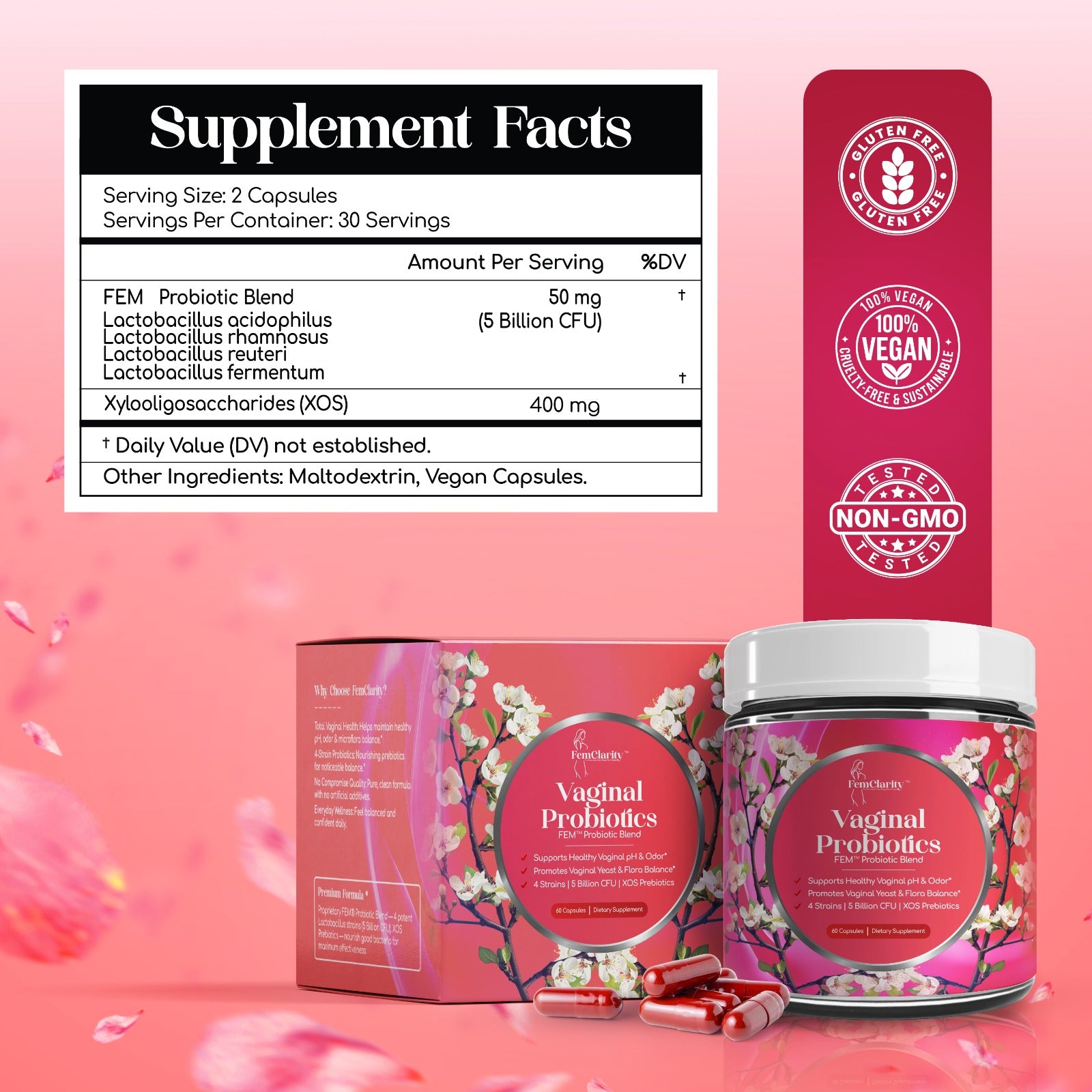 FemClarity vaginal probiotics for women
Vaginal probiotic supplement for pH balance
Lactobacillus probiotic formula for feminine wellness